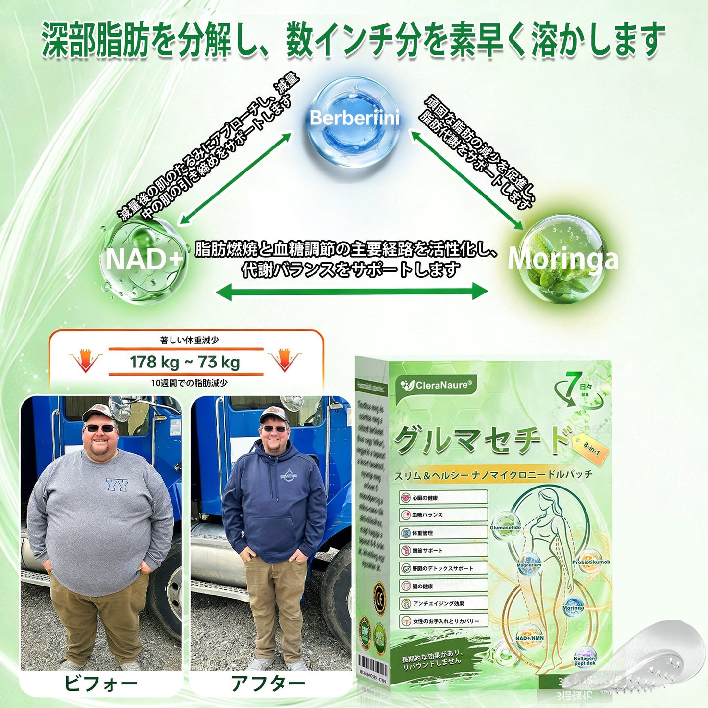 CleraNaure® Glumasetide 8-in-1 スリム&ヘルシー・ナノマイクロニードルパッチ(1日1回使用 — 最短7日で変化を実感) ✅ 肥満、肌の引き締め、糖尿病、睡眠時無呼吸症候群、関節の悩みなどに。-🌿